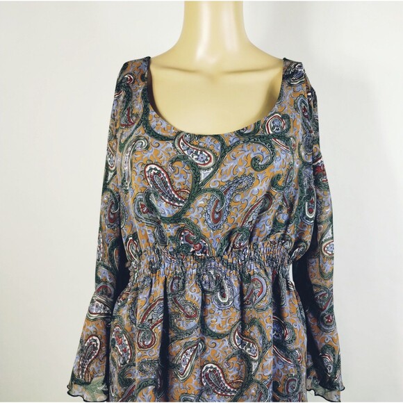 Chiffon Top Size XL Blue Green Paisley Lined Ruffled Sleeve Boho Milkmaid Flowy - Picture 3 of 12